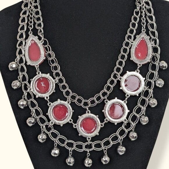 (2/$20) 3-Strand Red Stone Statement Necklace - Picture 4 of 7